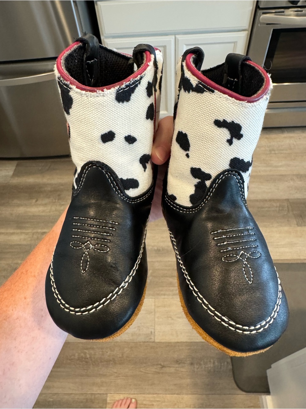 Girls Black Leather & White Cow-Print Western Booties with Pink Trim